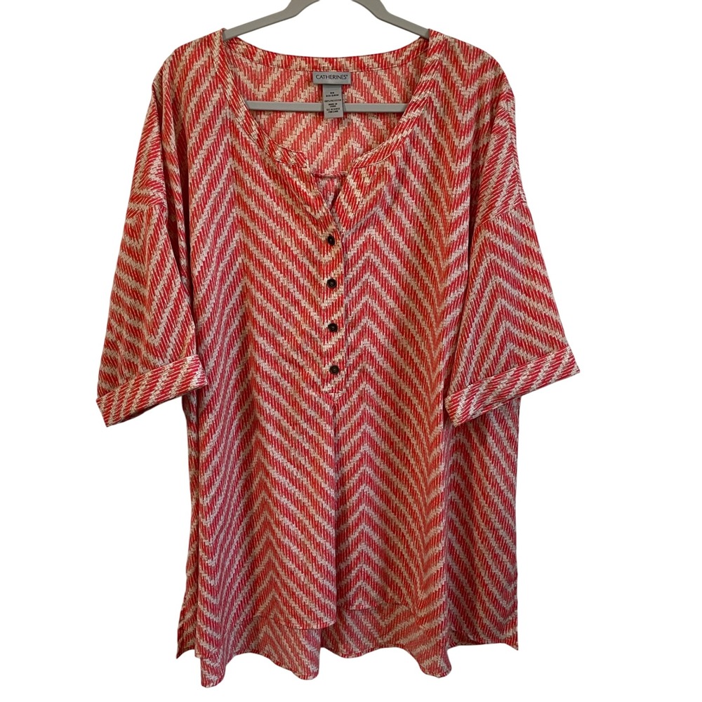 Catherines Womens Tunic Top Blouse Half‎ Button Up 3/4 Sleeve Chevron 2X